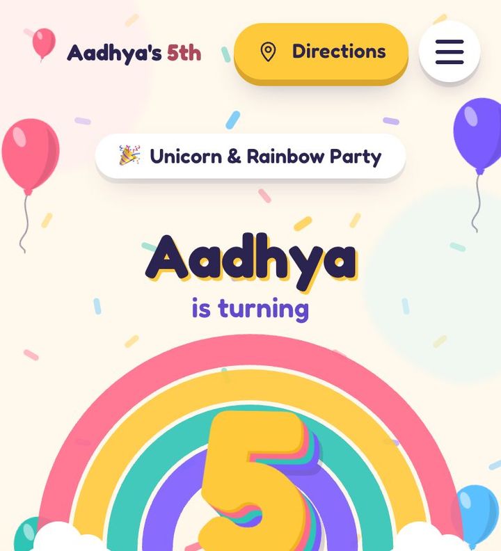 Confetti Party birthday invitation website on a phone