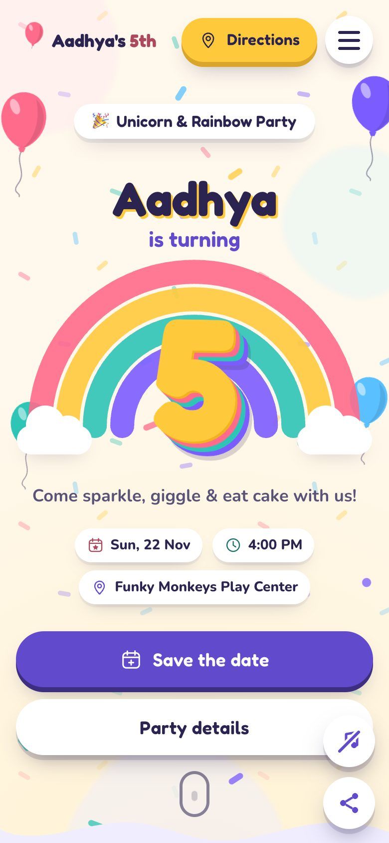 Confetti Party invitation website on a phone